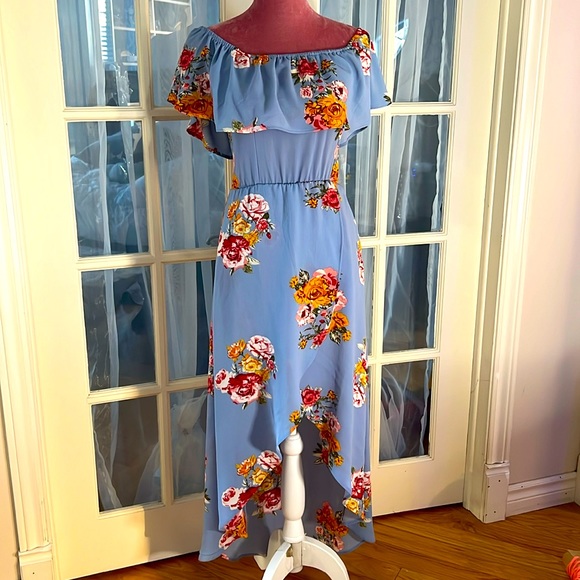 Blue floral off the shoulder long asymmetrical dress - Picture 1 of 6